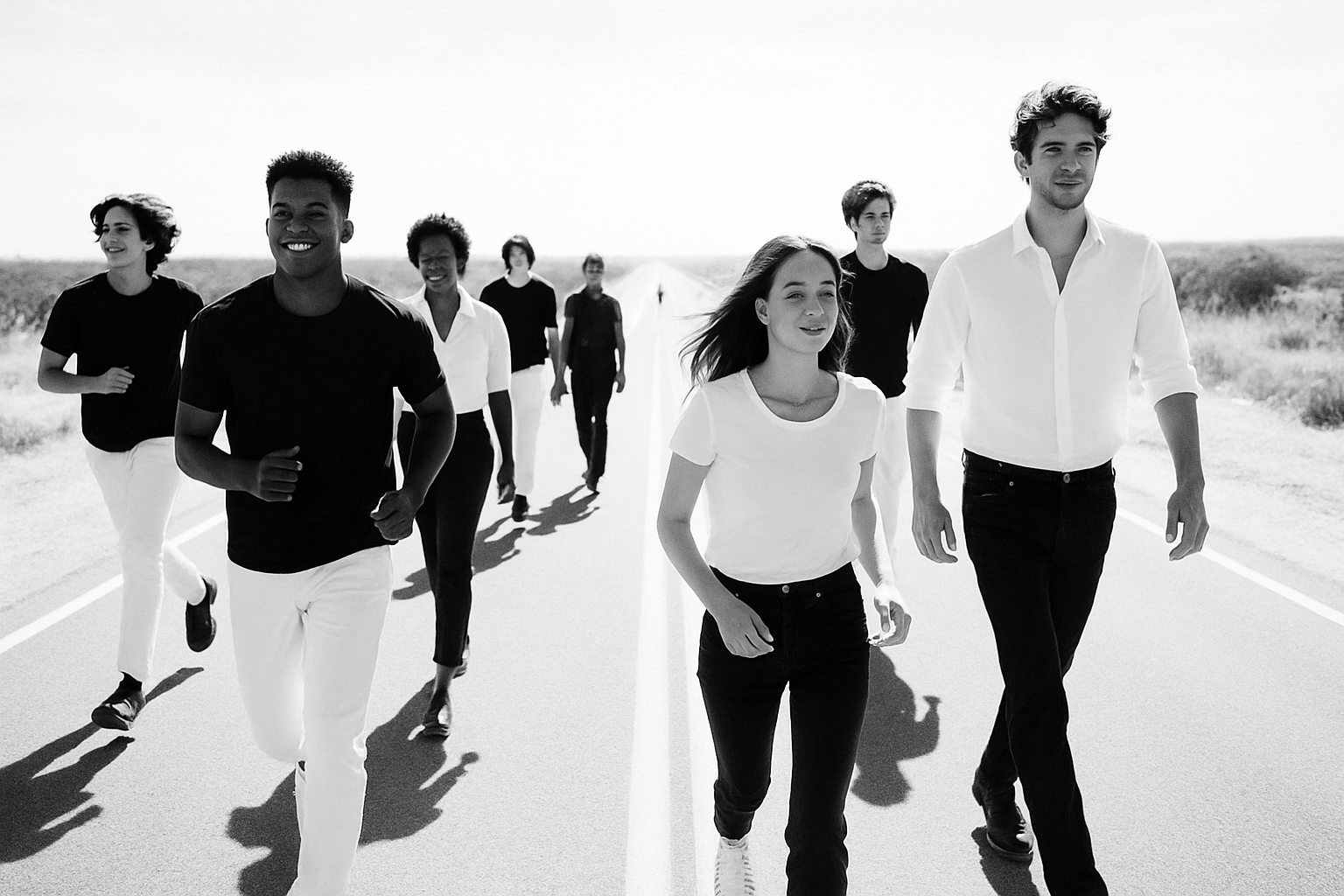 People all race, on long road, with Jeans t-shirts , Shirts on the road , Black and white image with mor white Sunny day, Fashion Journey Black and white but more white , T-shirts Pants and Shirts all black and white